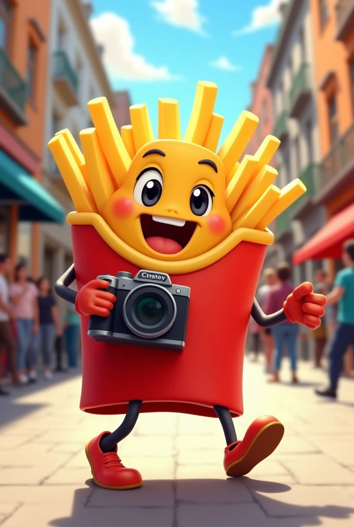 an animated French fry disguised as a vectorized and friendlier paparazzi, almost disney style
