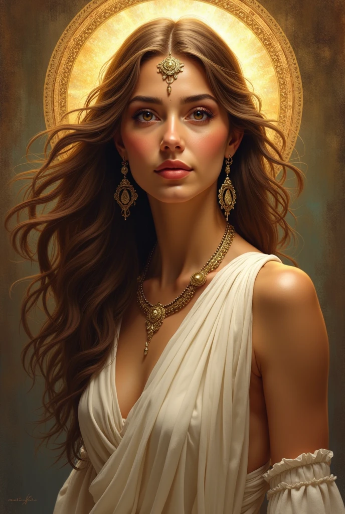 goddess of youth, brown-haired and brown-eyed , mythology artwork, NO flowers, India