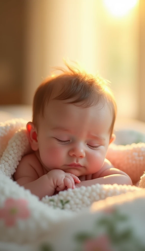Create a UHD photorealistic image of a 3-month-old girl named Oriane, bathed in the soft, golden light of the morning sun, lying on a pastel blanket. Captured with a 50mm f/1.4 lens to highlight the soft golden tones and gentle morning light. Ensure exactly five fingers, no 3D style image, no animation style, no Pixar style animation.

