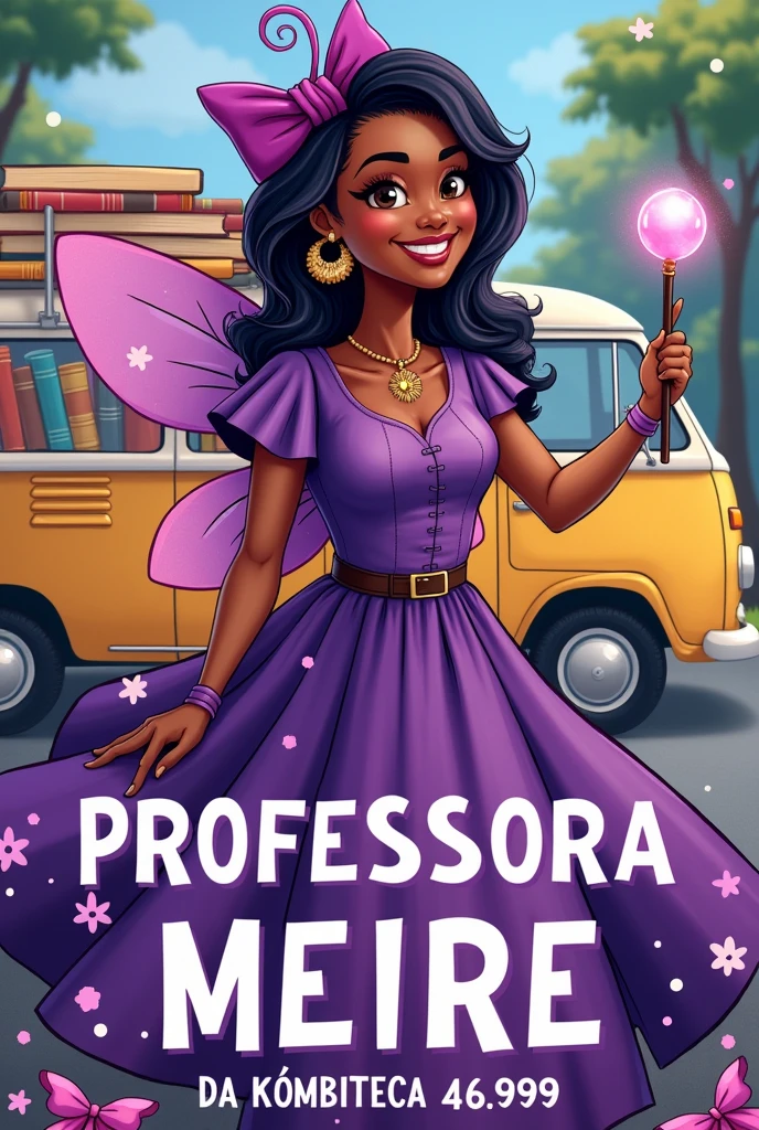 Drawing of a black teacher dressed as a purple fairy next to a van full of books inside. In the format of a pamphlet for the election of councilor and the name written “Professora Meire da KombiTeca 44.999”