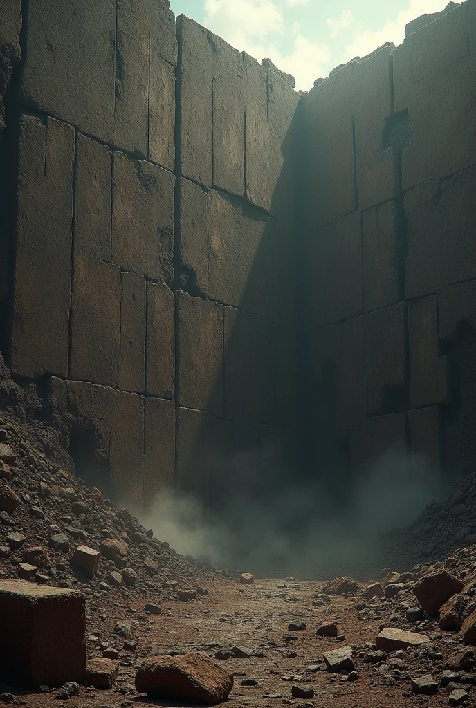 I want a really big wall being broken and a dark background with dark brown tones