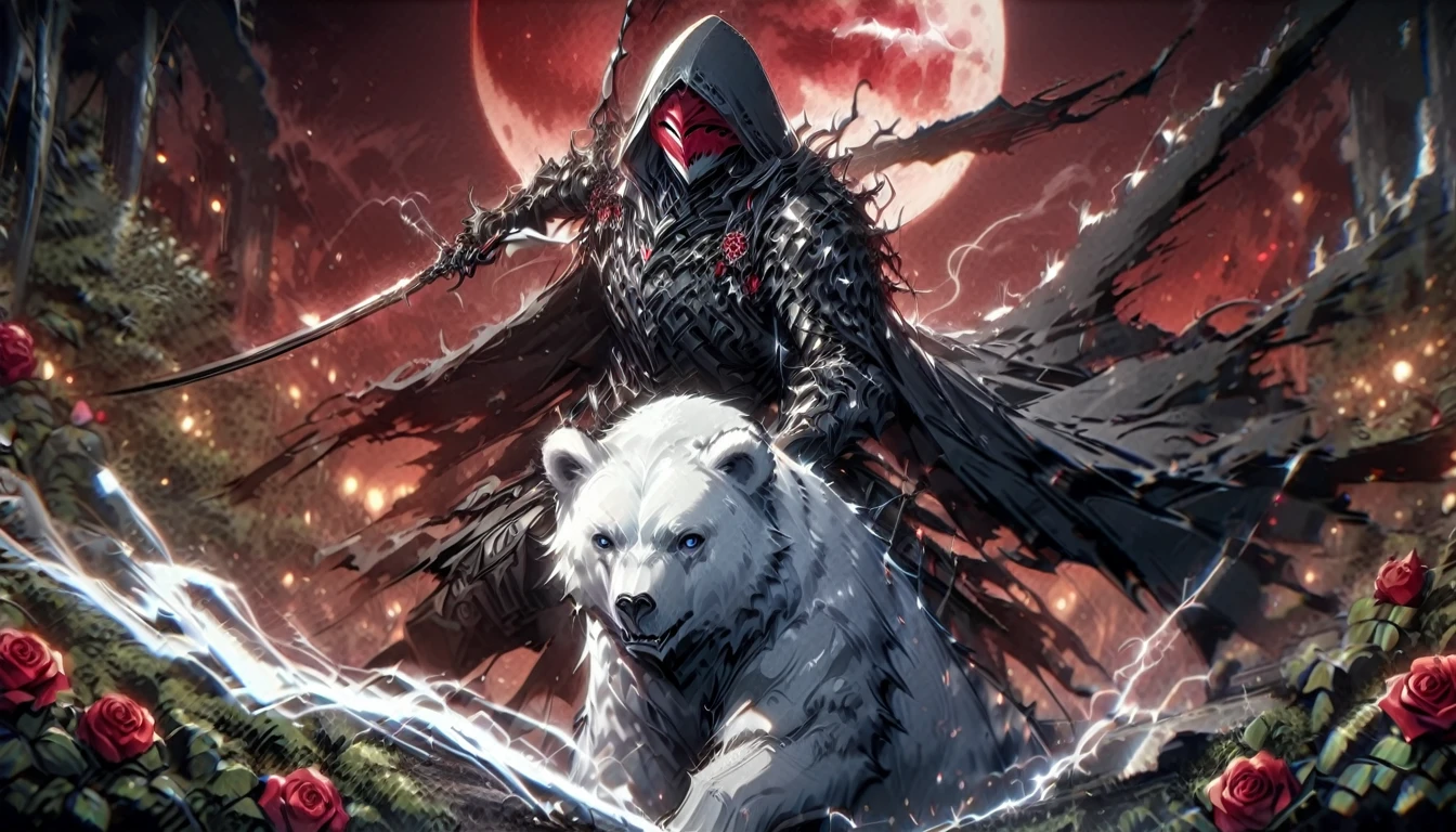 One man with a white hood with bear ears and a katana sits next to a polar bear in a forest while the blood moon shines, many Roses cover the ground and lightning falls from the sky. The man wears a red blindfold.