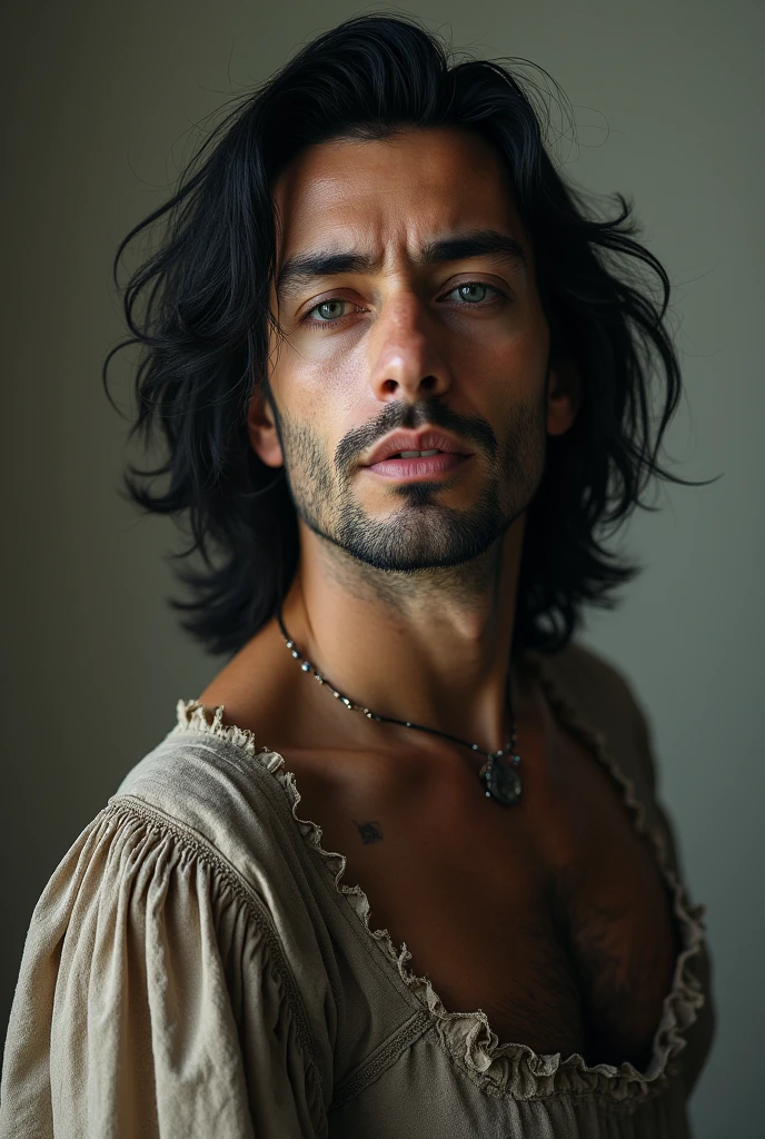 A transvestite man, That is, he dresses as a woman with black hair and is 40 years old, tired, he looks like a man but dressed as a woman with the face of a 40-year-old man but dressed as a woman without a beard.

