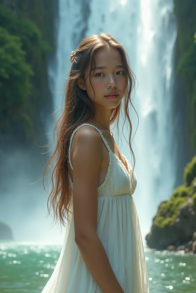 Beautiful faced young girl. Dressed in white. long hair. Located at a waterfall with a very beautiful view.