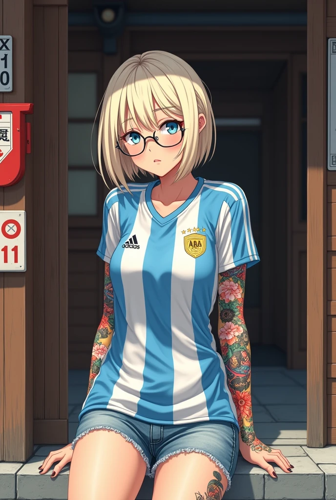 Create a hyper-realistic anime-style illustration of a young woman with an edgy, modern aesthetic against a traditional Japanese backdrop. The character should have short, platinum blonde hair in a bob cut, with wispy bangs framing her face. Her eyes should be a vivid blue, slightly obscured by round, oversized glasses. Dress her in an Argentina national football team jersey, blue and white striped, replacing the original demon-faced shirt. Pair this with frayed denim shorts. Adorn her right arm with a full sleeve of vibrant, traditional Japanese-style tattoos, featuring koi, cherry blossoms, and waves. Add a matching thigh tattoo on her left leg. Position her leaning casually against the entrance of a traditional Japanese building, with sliding wooden doors and a banner displaying kanji characters. Include details like a red circular sign and a street number plate. The lighting should be warm and natural, casting soft shadows and highlighting the textures of the wooden structure and stone pathway. Employ a soft, slightly diffused art style that balances photorealistic elements with anime aesthetics. Pay meticulous attention to details such as the fabric wrinkles in the jersey, the shine on her hair, and the intricate patterns in her tattoos. The overall composition should convey a striking contrast between modern youth culture and traditional Japanese architecture.