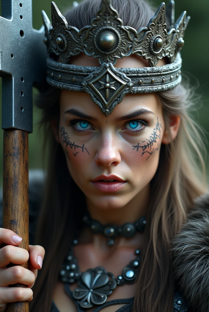 Viking warrior close-up, axe on display, Woman, blue eye with lightning, big queen crown on the head , tribal tattoo on face, Angry, necklace on the neck