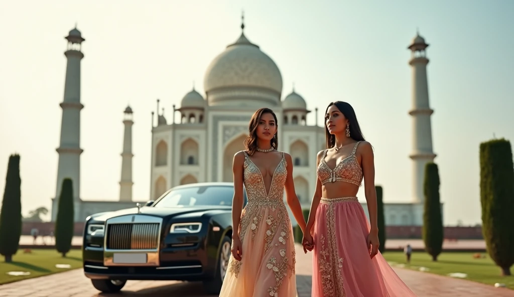 Couple at the Taj Mahal: A luxurious couple dressed in traditional and modern fusion attire poses in front of the Taj Mahal. They hold hands, each with a stack of dollar bills, and a Rolls-Royce Phantom is parked nearby, representing their global success.