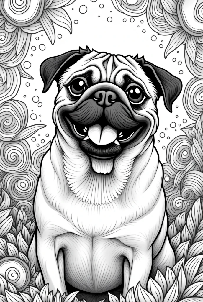 a happy realistic pug black and white background , magic background ,Sketch Style, line art coloring book, clean line art with lots of mandela details