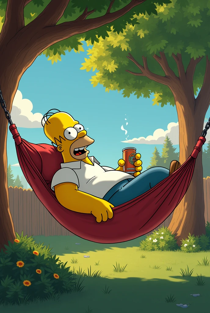 Homer Simpson, thinking about his hammock with a beer in his hand 