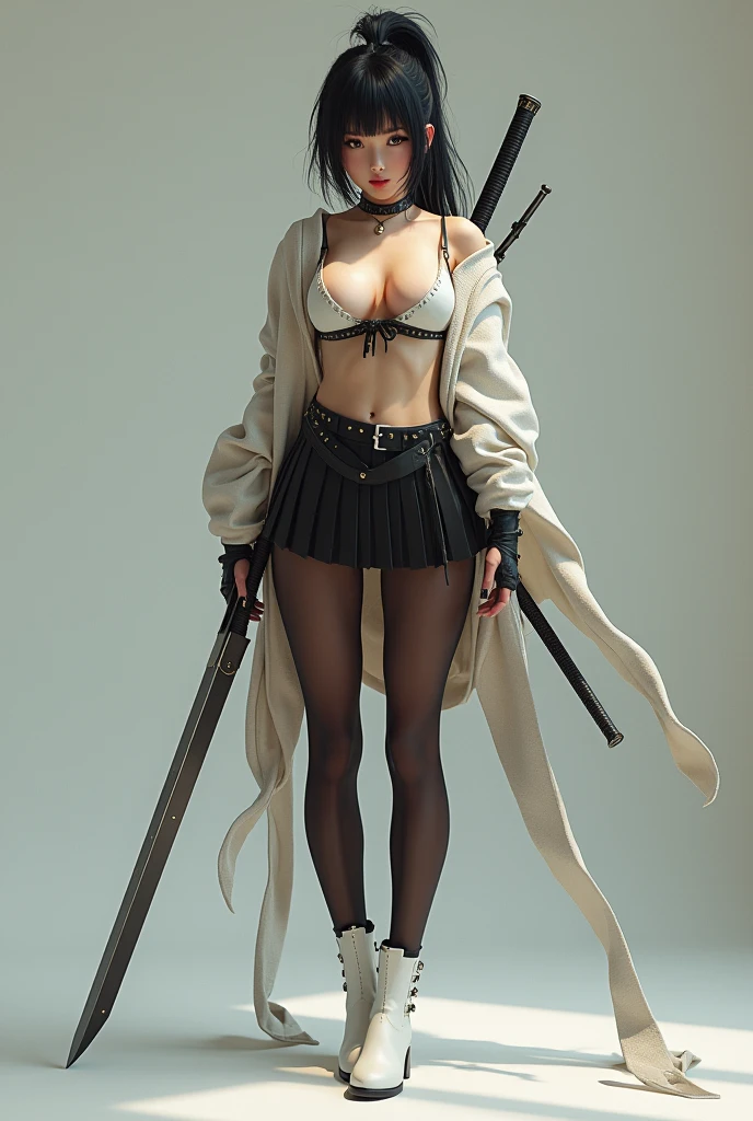work of art, best qualityer, super rendering, super realistico, Highly detailed face, Clean and delicate face, all-body, Squat and wield a long sword, cyberpunk girl in seductive pose, Wearing a sweater and a pleated miniskirt, ass naked, legs spread open, sleeveless, black pantyhose, white short boots, gazing at viewer, simple color background
