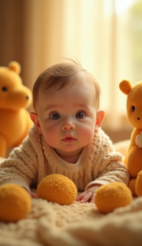 Create a UHD photorealistic image of an 8-month-old girl named Mélissandre, surrounded by honey-colored toys in a softly lit room. Captured with a 85mm f/1.4 lens to highlight the warm, honey-like tones and her gentle demeanor. Ensure exactly five fingers, no 3D style image, no animation style, no Pixar style animation.
