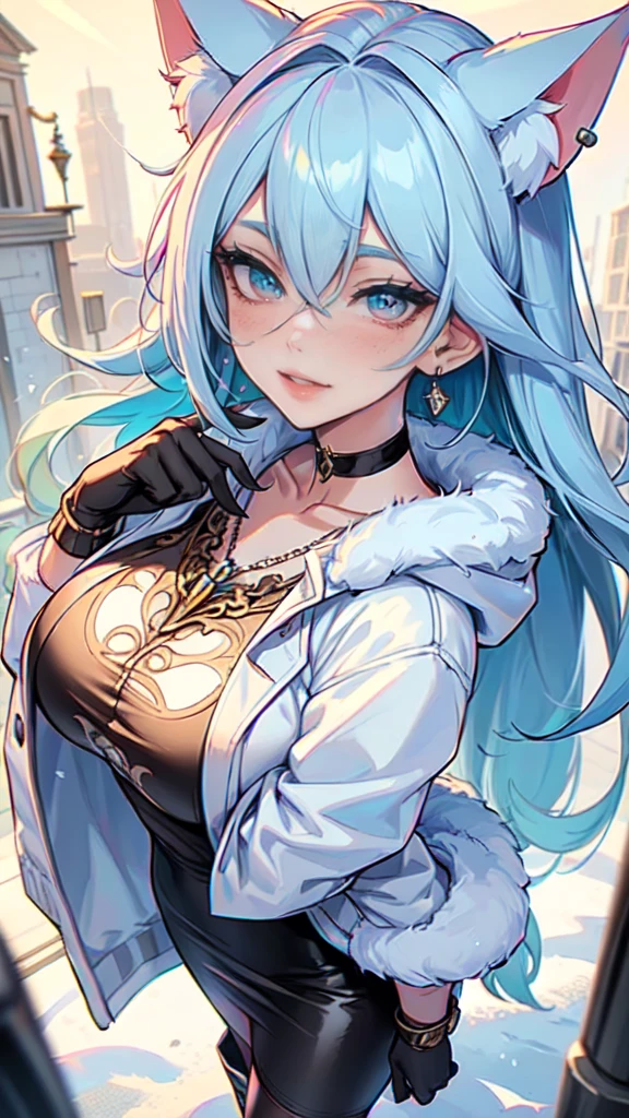 Masterpiece, beautiful art, professional artist, 8k, art style by sciamano240, very detailed face, very detailed hair, very detailed clothes, 1girl, perfectly drawn body, beautiful face, long hair, light blue hair , very detailed blue vertical cat eyes, square glasses, pouty lips , rosey cheeks, intricate details in eyes, extreme close up of face, see only head and neck, staring directly at viewer, wearing cute winter clothes, winter coat, necklace, choker, earrings, gloves, pencil skirt, black tigh boots, some freckles, big wide grin, in love with the viewer expression, sunny winter setting, walking outside,