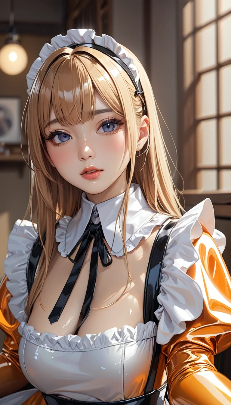 Portraiture、(masterpiece,Highest quality,Ultra-high resolution),Japanese women, Maid Headband、(((A very beautiful 2)))、(She is wearing a shiny light orange latex long sleeve maid outfit..)、((A dress that doesn&#39;t reveal any skin))、(((A long skirt made of pale orange latex.)))、Pale orange latex gloves、((Pale orange latex bodysuit))、Sitting on a bed in a dark room