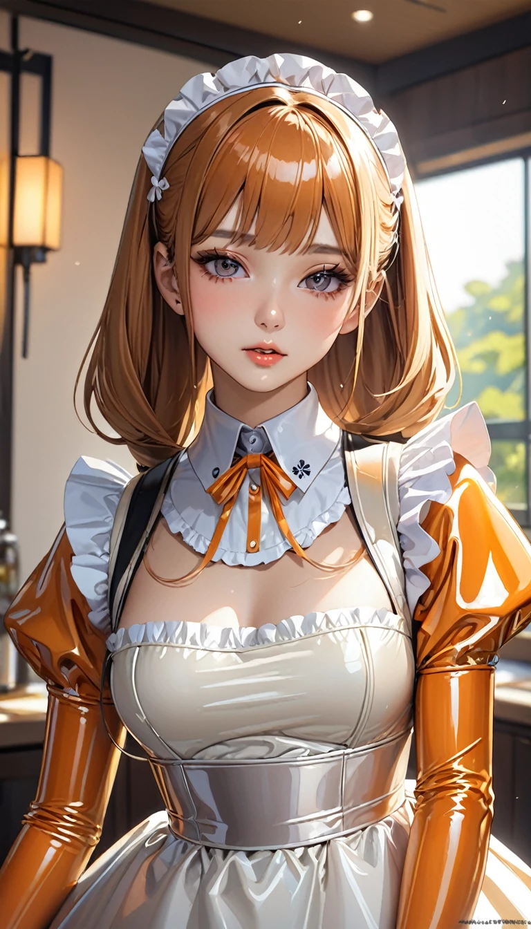 Portraiture、(masterpiece,Highest quality,Ultra-high resolution),Japanese women, Maid Headband、(((A very beautiful 2)))、(She is wearing a shiny light orange latex long sleeve maid outfit..)、((A dress that doesn&#39;t reveal any skin))、(((A long skirt made of pale orange latex.)))、Pale orange latex gloves、((Pale orange latex bodysuit))、Sitting on a bed in a dark room