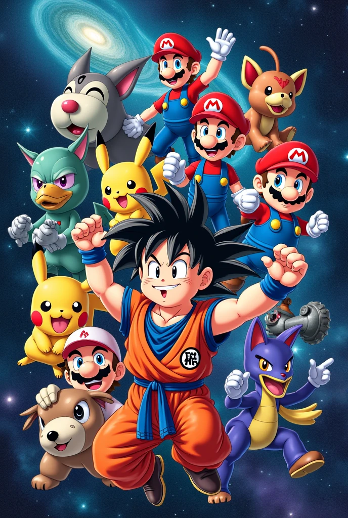 collage in space of dragon ball characters, pokemon, Mario Bros, digimon