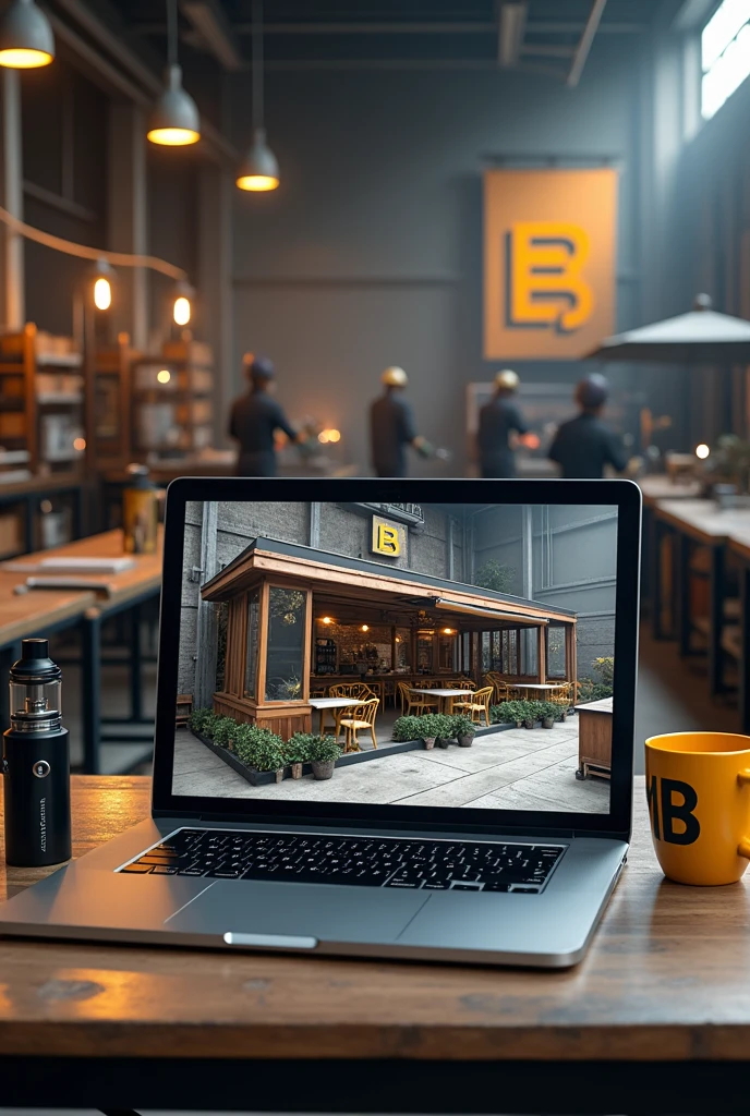 Laptop screen shot showing 3d design of iron frame cafe. Beside the laptop is a vape and a yellow coffee cup with ABC written in black on the cup.. Behind the laptop there are several welders welding iron fences and canopies in a large warehouse with lots of iron., there is a banner with the letter B logo.