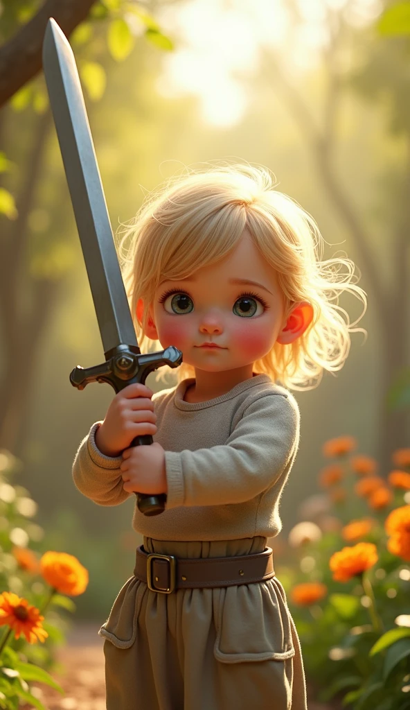 Create a UHD photorealistic image of a 24-month-old girl named Léonore, standing confidently with a toy sword in a playful setting. Captured with a 70mm f/2.8 lens to highlight her strong and determined expression. Ensure exactly five fingers, no 3D style image, no animation style, no Pixar style animation.
