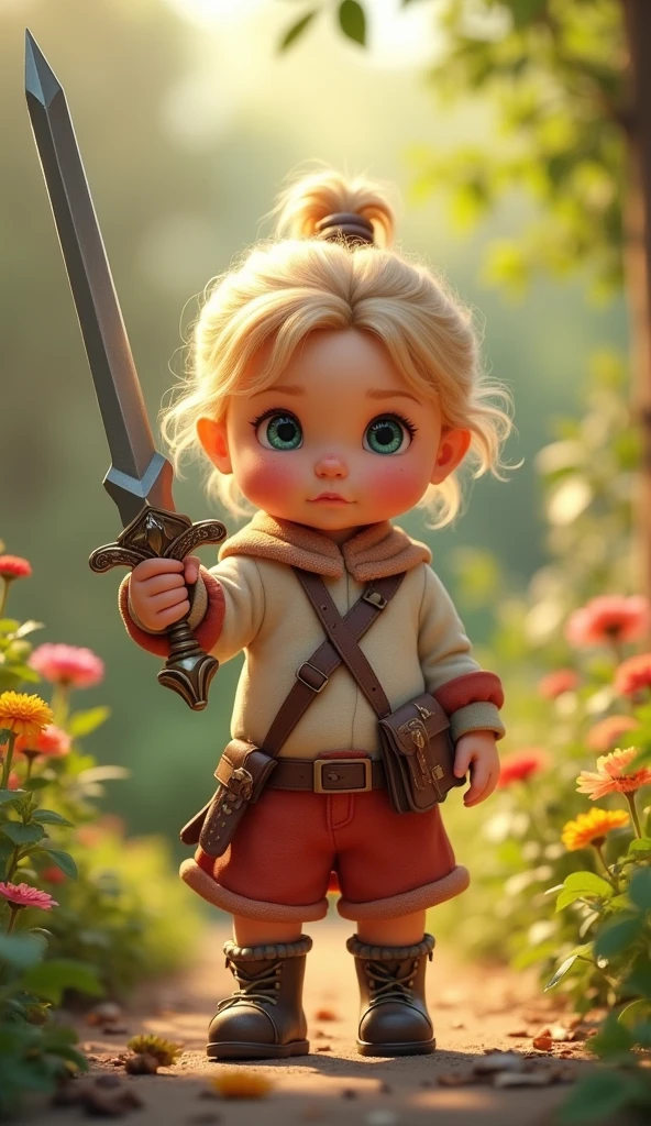 Create a UHD photorealistic image of a 24-month-old girl named Léonore, standing confidently with a toy sword in a playful setting. Captured with a 70mm f/2.8 lens to highlight her strong and determined expression. Ensure exactly five fingers, no 3D style image, no animation style, no Pixar style animation.
