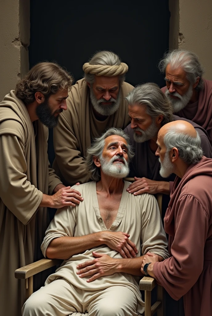 Image of Job from the Bible sick and with his friends