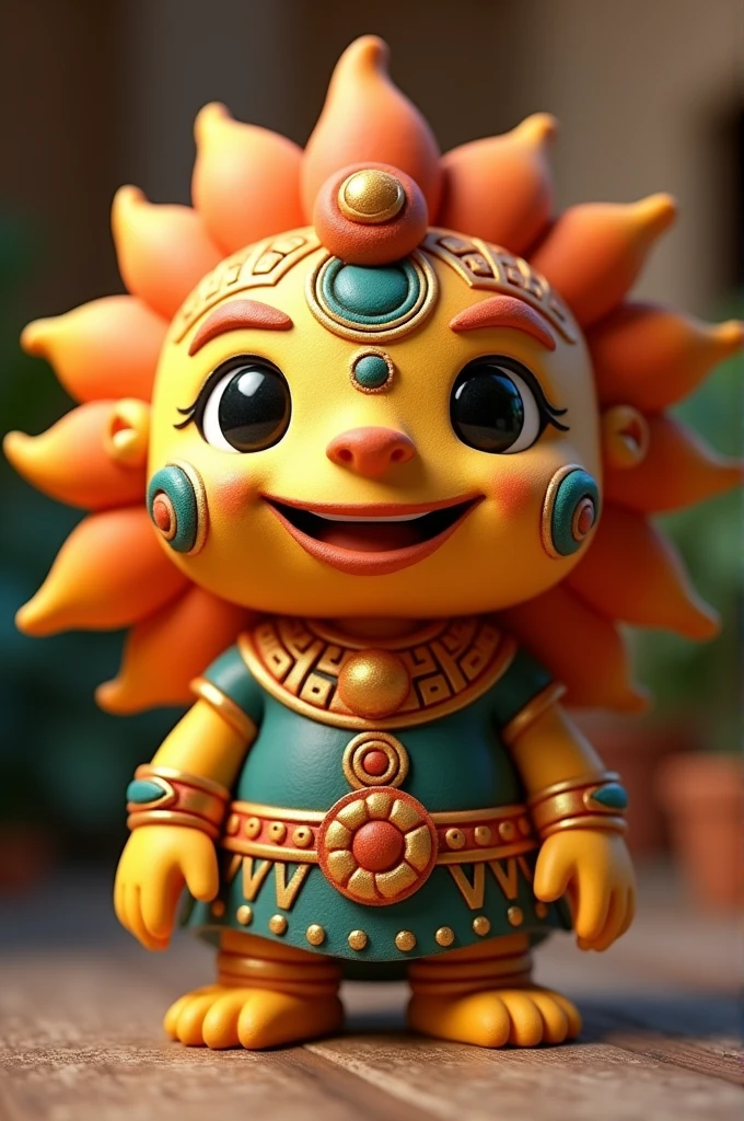 Make an Aztec Sun God Art Toy, make it small in stature, that he is happy and looks kind