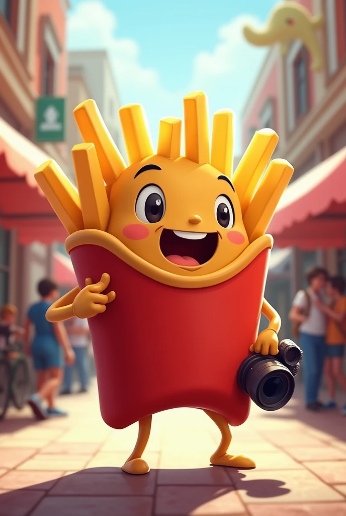 an animated French fry disguised as a vectorized and friendlier paparazzi, almost disney style