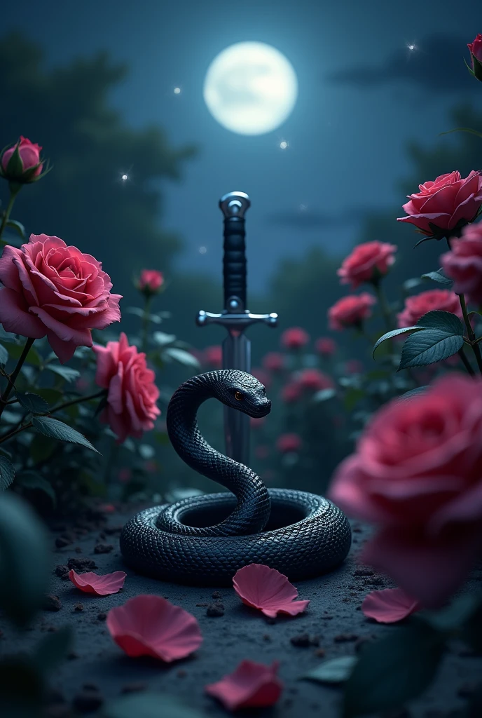 I want you to create a rose garden, at night and finds a small black snake and a dagger