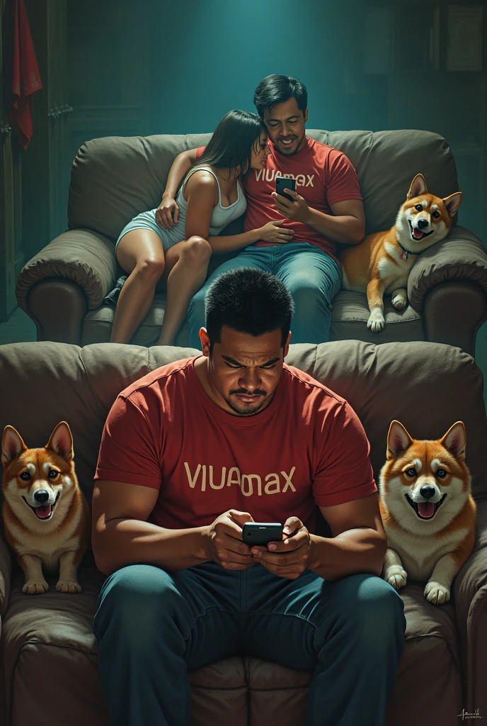 one pinoy muscle guy rounded big eyes, holding a phone and angry typing, sleepless and envy doen the couch hopeless, looked by one corgi dog and one shiba inu dog

one sexy girl and sexy boy flirty in couch hugging with couple shirt with text "VIVAMAX" ,  dark dirty, delusional sitting in a  couch apart, one is lying down the couch, 