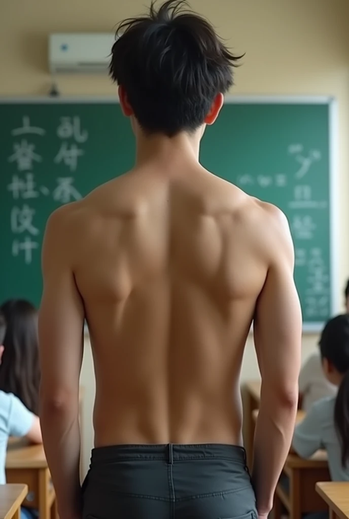 1boy、Photo Quality、Cute handsome man、Mash Hair、Japanese male, 、Completely naked、Full nudity、erection、Huge penis、Highest quality、Realistic、beautiful、Back view of a student standing in front of students in a classroom