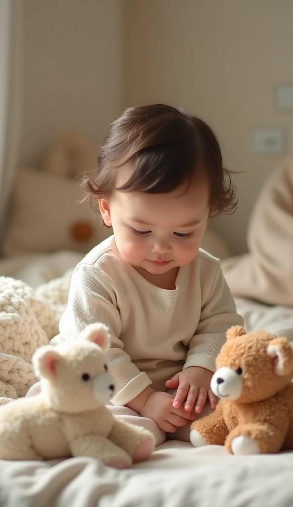 Create a UHD photorealistic image of a 10-month-old girl named Eulalie, gently playing with soft toys in a calm, soothing environment. Captured with a 35mm f/1.8 lens to emphasize the soft, calming tones and her serene presence. Ensure exactly five fingers, no 3D style image, no animation style, no Pixar style animation.
