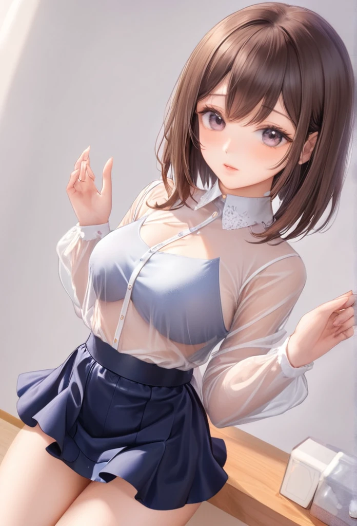 A woman with a beautiful girl々Create a new, whole body, A short sheer dress for、For girls, remove the low-cut see-through blouse and mini skirt., I'm looking forward to both, The boy is kissing her breast, Make it look realistic