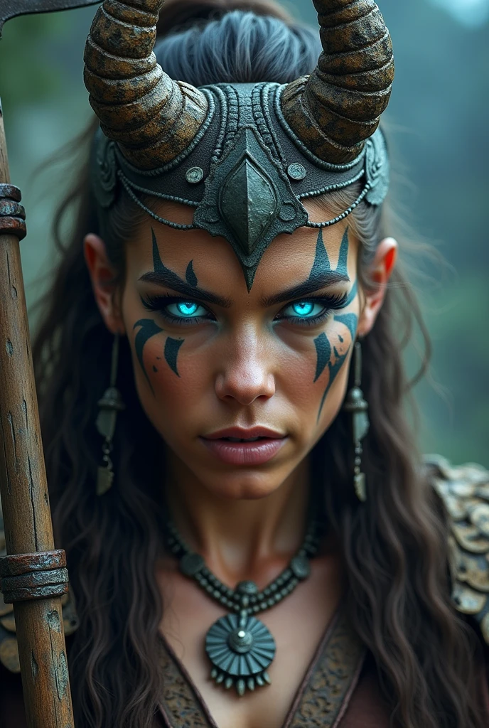 Viking warrior close-up, axe on display, Woman, blue eye with lightning, large head ornament , tribal tattoo on face, Angry, necklace on the neck