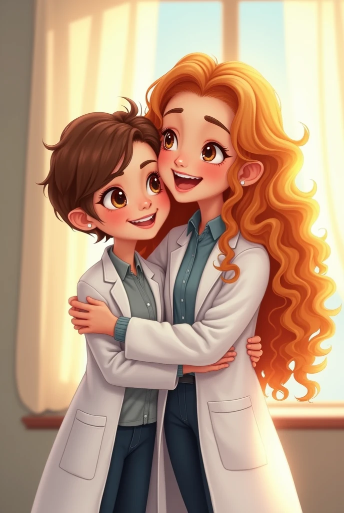 I want a psychologist's day art of me with my neuropsychology teacher, both wearing lab coats, hugging and smiling.
First photo is me: white, light brown eyes almost honey, long curly copper blonde hair type 3A, 159 tall Second photo is my teacher: Short brown brown hair, use your eyes, eyes browns, is very smiling.
