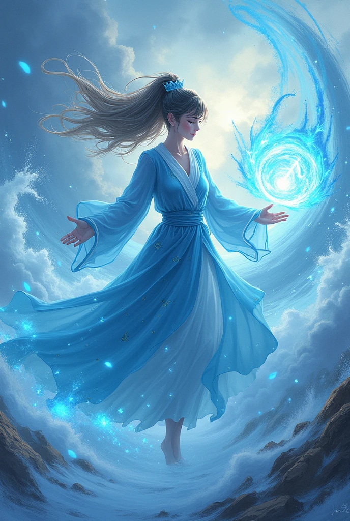 An anime mage girl in azure robes, the hair dancing in the breeze, casting spells conjuring swirling vortexes of wind to buffet their enemies. The presence is as ephemeral as a passing breeze, yet their spells carry the force of a raging storm. The background must be a wind and several air effect.