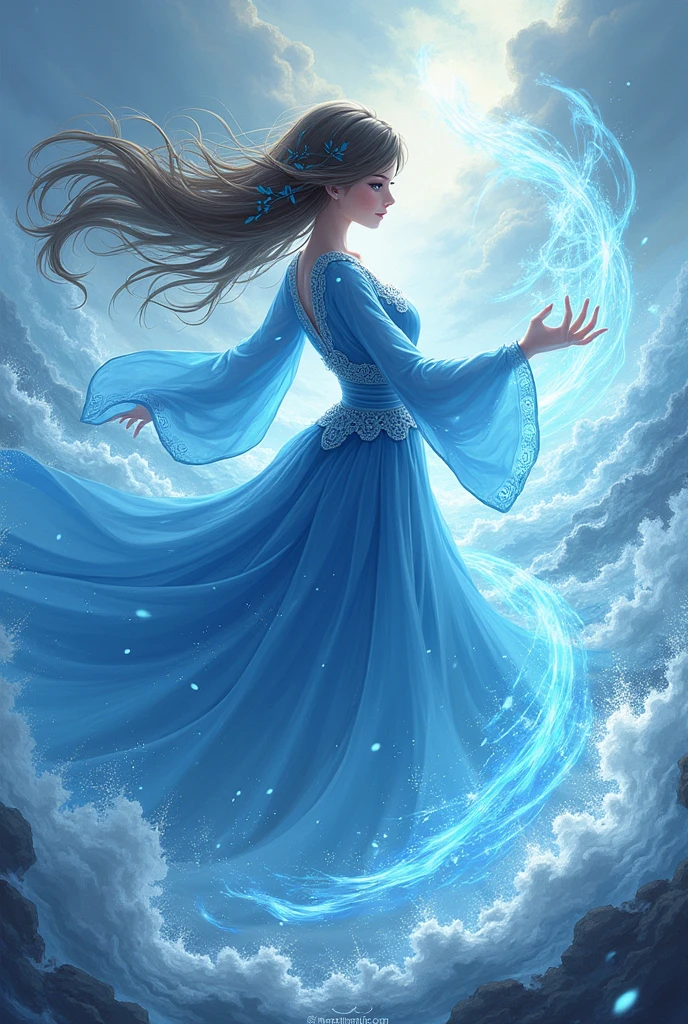 An anime mage girl in azure robes, the hair dancing in the breeze, casting spells conjuring swirling vortexes of wind to buffet their enemies. The presence is as ephemeral as a passing breeze, yet their spells carry the force of a raging storm. The background must be a wind and several air effect.