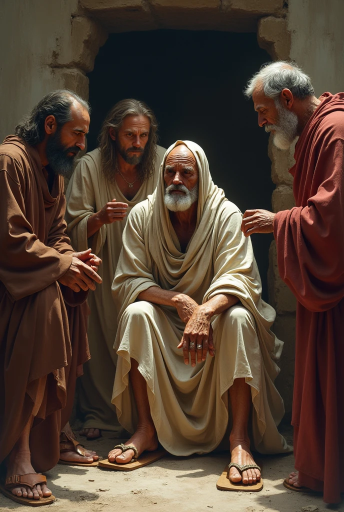 Image of Job from the Bible sick and with his friends