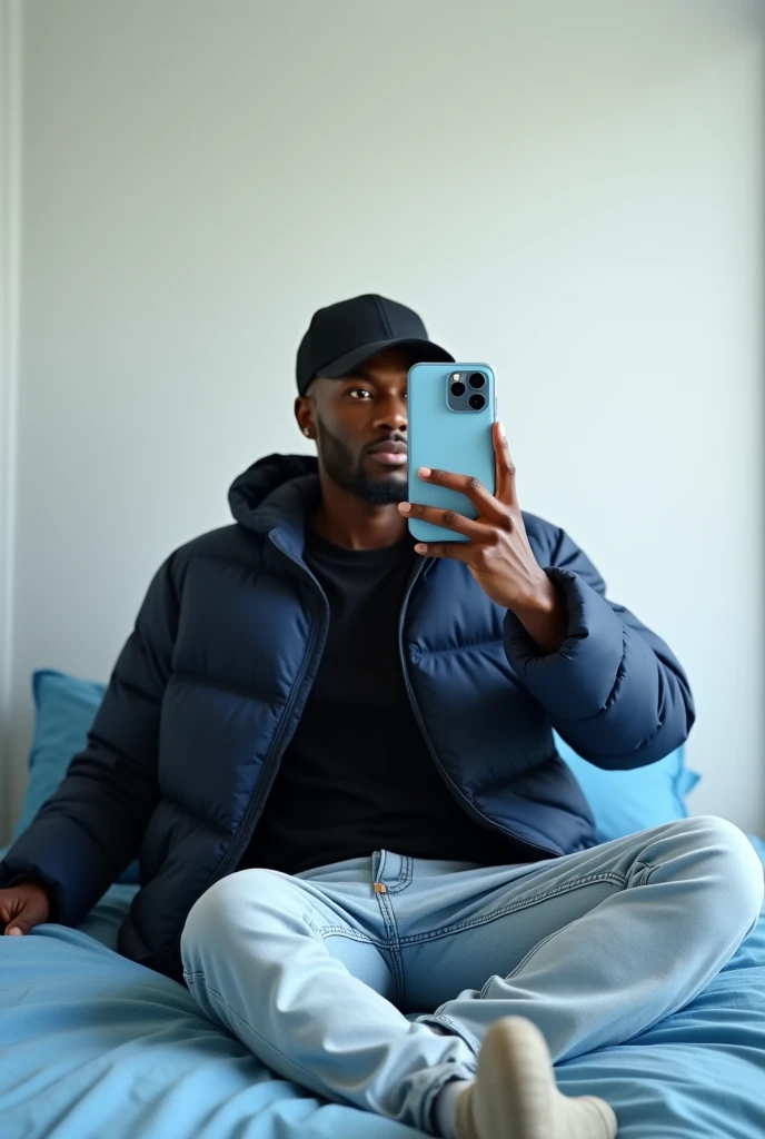 best qualityer:1.4), (ultra high resolution:1.2), (photorrealistic:1.4), (8k, CRU photo:1.2),  1 black man in his 20s, is wearing a black shirt and a navy blue puffer jacket, He&#39;s wearing a black cap, He&#39;s wearing light jeans. He is sitting on a bed taking a picture in the mirror. The bed sheet is blue. Corte de cabelo buzzcut. thin build. iPhone 15 Pro Max case is baby blue. Room has white wall. He&#39;s wearing a black cap. thin build 