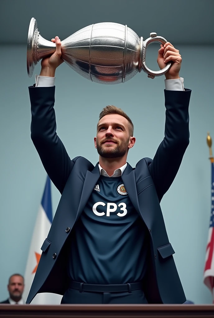 Generate a picture showing earling halland raising a cup named cp3 is a champion clearly.halland should wear a normal suit at a front shirt named Cp3 .