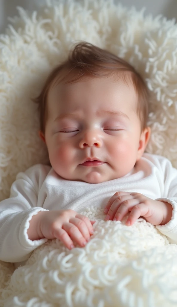 Create a UHD photorealistic image of a 6-month-old girl named Isaline, lying on a clear, soft blanket with a pure and calm expression. Captured with a 50mm f/1.8 lens to highlight the clarity and purity of the scene. Ensure exactly five fingers, no 3D style image, no animation style, no Pixar style animation.