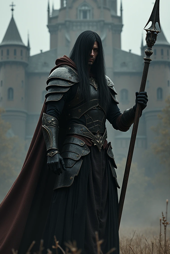 Generate a male who looks like Ronnie Radke. He has long black hair. He wears black and grey armor with a long brown cloak and hood. He holds a lance with a wide blade. Dark castle in background. Dark fantasy style. Realistic digital drawn image.