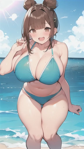 ((Voluptuous figure)),Chubby body type,Big Breasts,Brown Hair,blunt bangs,Top knot,hair accessory,((happiness)),((male swimwear))