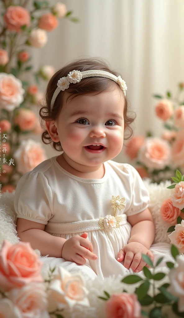 Create a UHD photorealistic image of a 15-month-old girl named Lysandra, dressed in a white outfit among elegant floral arrangements. Captured with a 85mm f/1.4 lens to highlight her brightness and the elegant surroundings. Ensure exactly five fingers, no 3D style image, no animation style, no Pixar style animation.