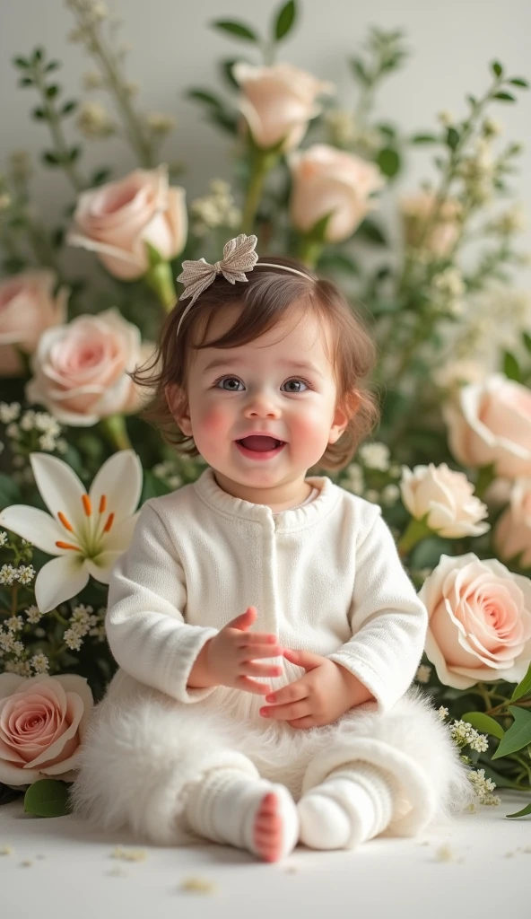 Create a UHD photorealistic image of a 15-month-old girl named Lysandra, dressed in a white outfit among elegant floral arrangements. Captured with a 85mm f/1.4 lens to highlight her brightness and the elegant surroundings. Ensure exactly five fingers, no 3D style image, no animation style, no Pixar style animation.