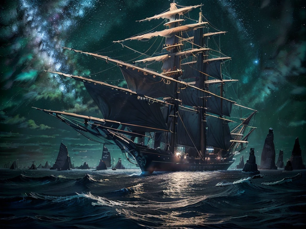1080P,{{{{Highest quality}}}},{{{masterpiece}}},{{{best quality}}},{{ultra-detailed}},{illustration},{{an extremely delicate and beautiful}},high quality,hyper quality,very_high_resolution,large_filesize,full color,ultra-detailed,disheveled hair,8k,bestquality,{{starry sky}},{night},{{{{sea of pale clouds}}}},sea of clouds,sailing ship,