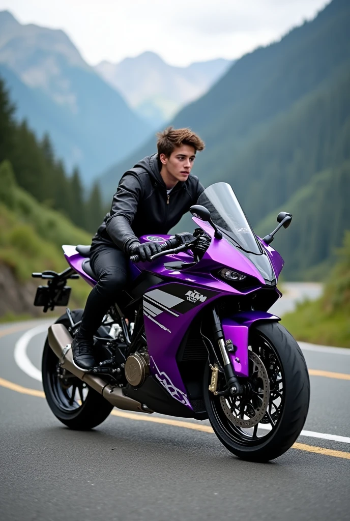KTM 1390 customized with purple and black horizontal color and a young man riding it