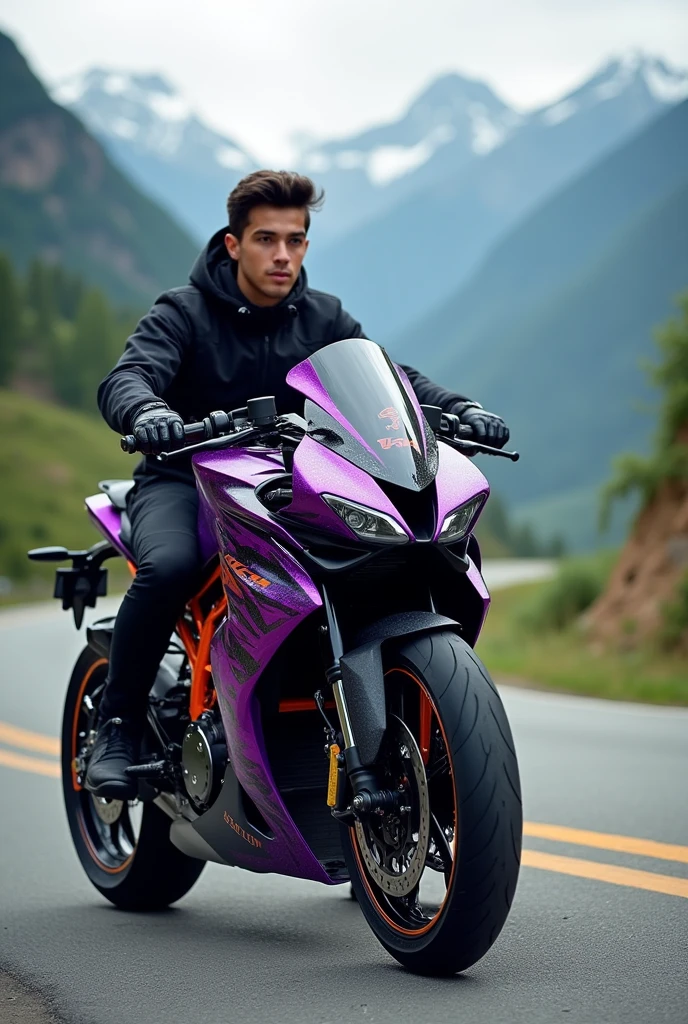 KTM 1390 customized with purple and black horizontal color and a young man riding it