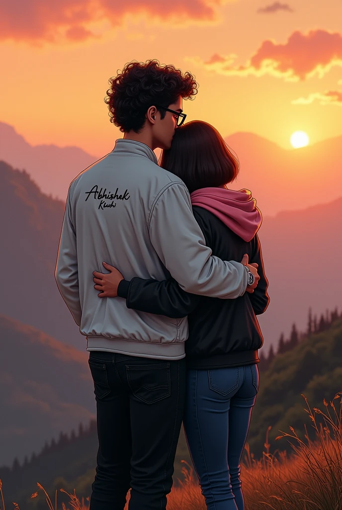 A handsome sad boy, and a beautiful sad girl standing on the mountain hill, boy wearing white jacket, black jeans, Curley hair, wearing watch, and eyeglasses, girl wearing black jeans, pink hoodie, short silky hair, evening sunset, mountain hill in background, evening sunset, written 'Abhishek' in backside of boy jacket, and written 'khushi' in backside of girl hoodie. Boy and girl hug each other Alphonse Mucha