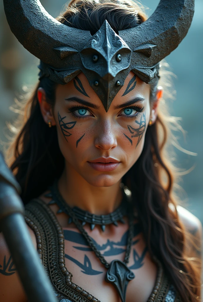 Viking warrior close-up, axe on display, Woman, blue eye with lightning,  large head ornament , tribal tattoo on face, Angry, necklace on the neck