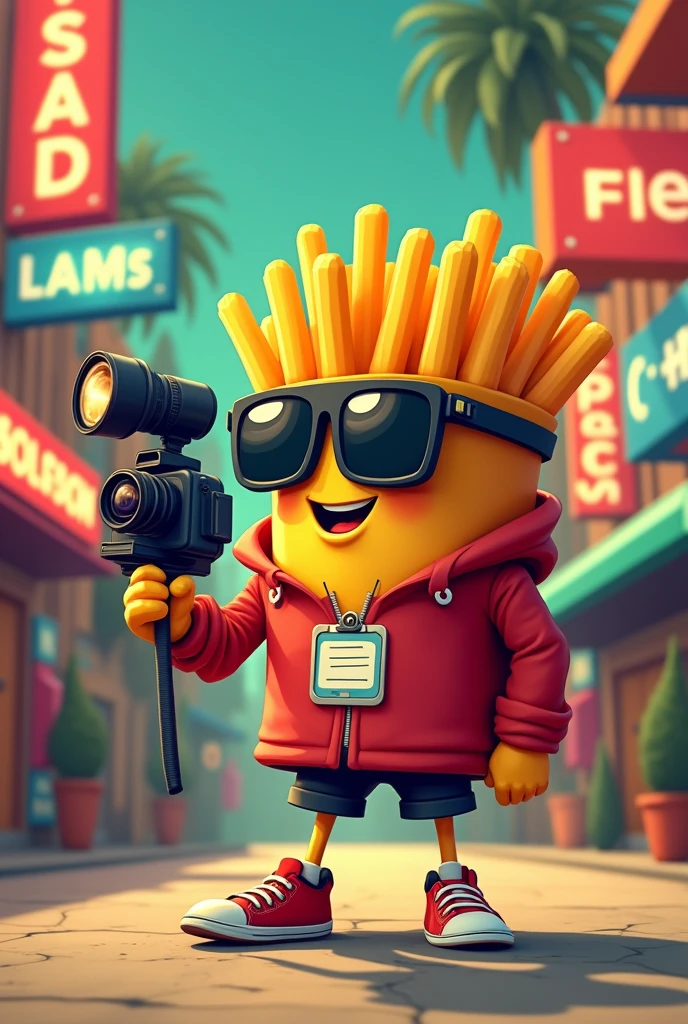 an animated French fry disguised as a vectorized and friendlier paparazzi, retro style