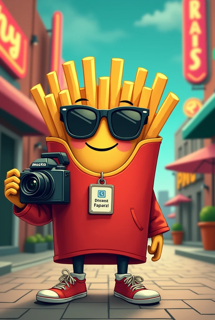 an animated French fry disguised as a vectorized and friendlier paparazzi, retro style