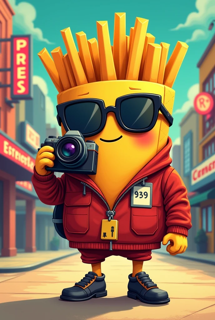 an animated French fry disguised as a vectorized and friendlier paparazzi, retro style